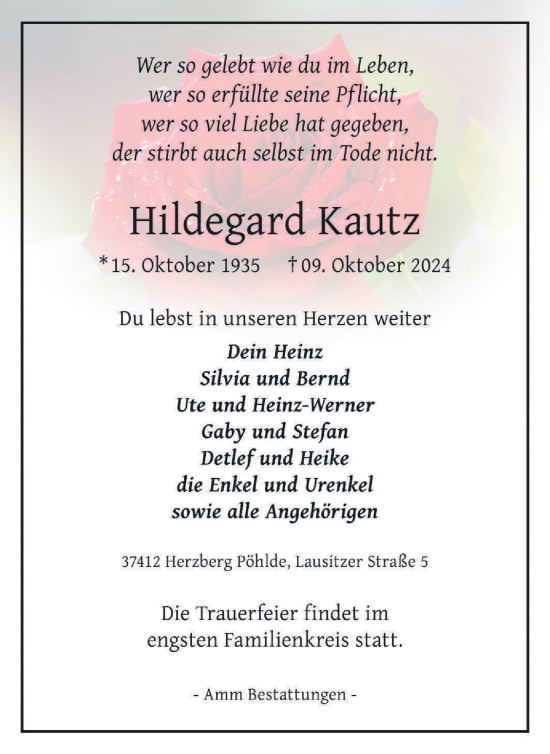 Traueranzeige von Hildegard Kautz von Harz Kurier