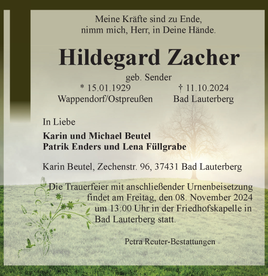 Traueranzeige von Hildegard Zacher von Harz Kurier