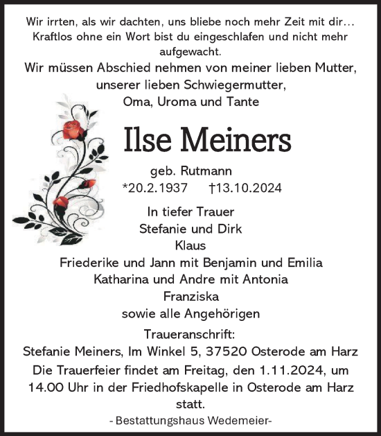 Traueranzeige von Ilse Meiners von Harz Kurier