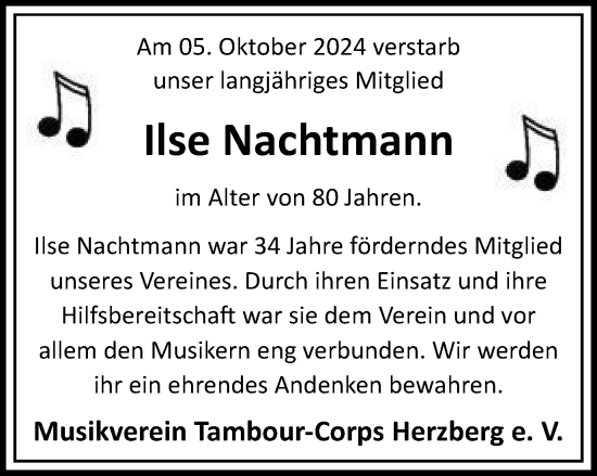 Traueranzeige von Ilse Nachtmann von Harz Kurier