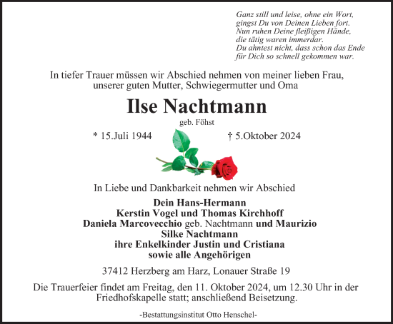 Traueranzeige von Ilse Nachtmann von Harz Kurier