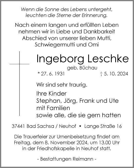 Traueranzeige von Ingeborg Leschke von Harz Kurier