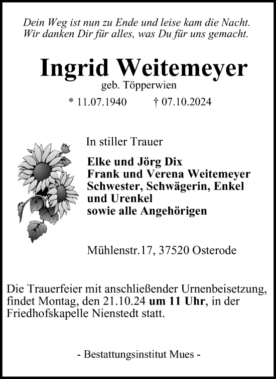 Traueranzeige von Ingrid Weitemeyer von Harz Kurier