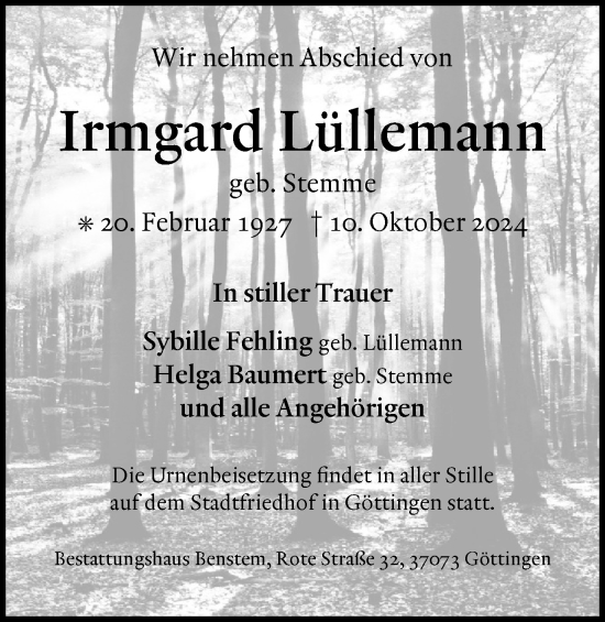 Traueranzeige von Irmgard Lüllemann von Harz Kurier