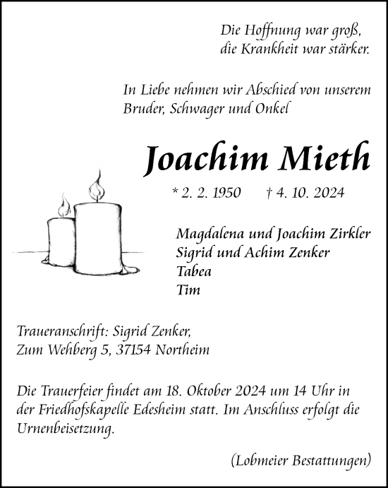 Traueranzeige von Joachim Mieth von Harz Kurier