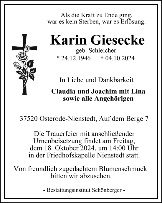 Traueranzeige von Karin Giesecke von Harz Kurier