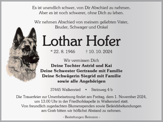 Traueranzeige von Lothar Hofer von Harz Kurier