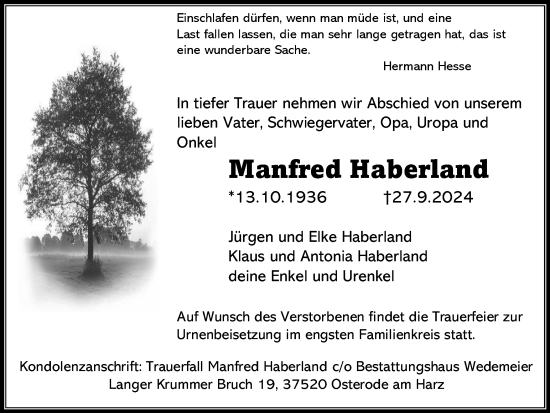 Traueranzeige von Manfred Haberland von Harz Kurier