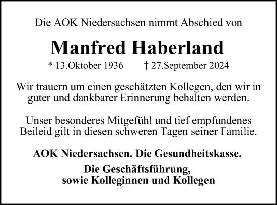 Traueranzeige von Manfred Haberland von Harz Kurier