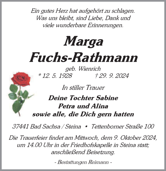 Traueranzeige von Marga Fuchs-Rathmann von Harz Kurier