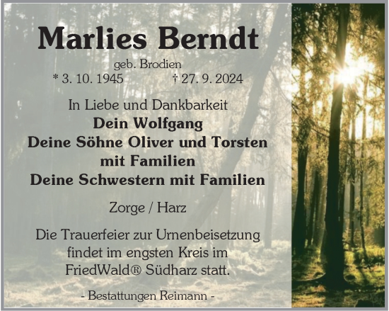 Traueranzeige von Marlies Berndt von Harz Kurier