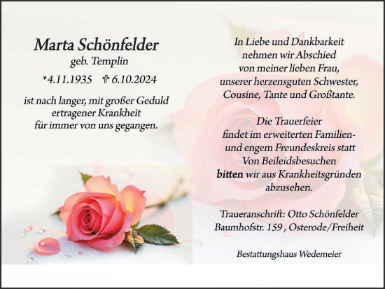 Traueranzeige von Marta Schönfelder von Harz Kurier