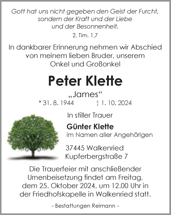 Traueranzeige von Peter Klette von Harz Kurier