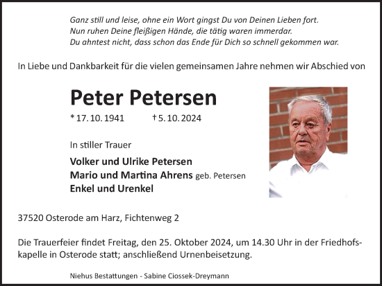 Traueranzeige von Peter Petersen von Harz Kurier