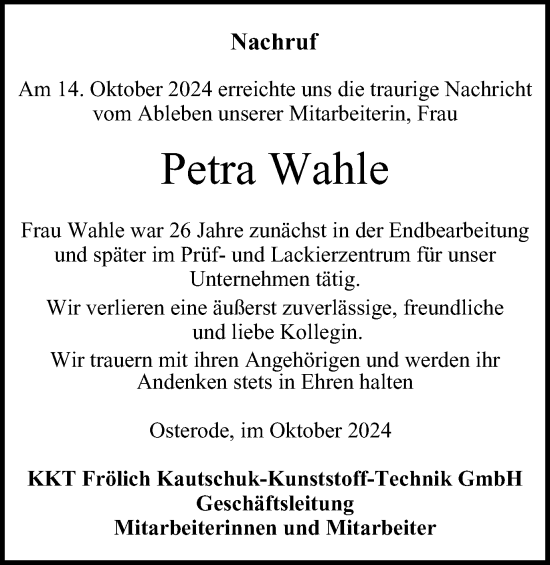 Traueranzeige von Petra Wahle von Harz Kurier