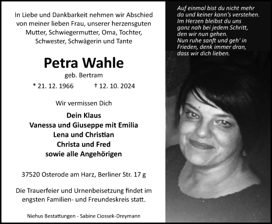 Traueranzeige von Petra Wahle von Harz Kurier