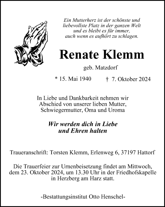 Traueranzeige von Renate Klemm von Harz Kurier