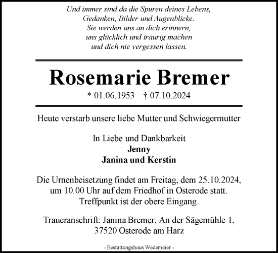 Traueranzeige von Rosemarie Bremer von Harz Kurier