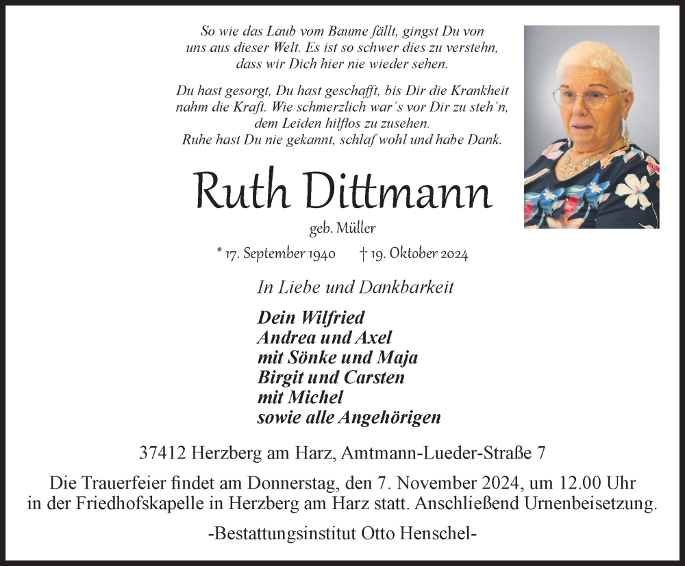  Traueranzeige für Ruth Dittmann vom 26.10.2024 aus Harz Kurier