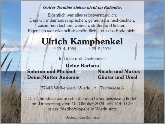 Traueranzeige von Ulrich Kamphenkel von Harz Kurier