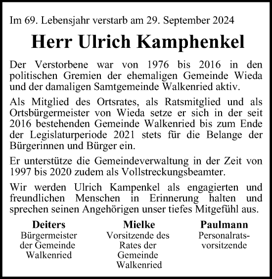 Traueranzeige von Ulrich Kamphenkel von Harz Kurier