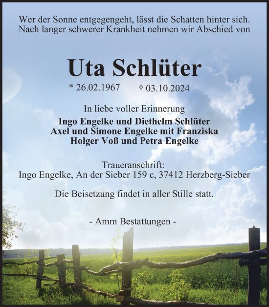 Traueranzeige von Uta Schlüter von Harz Kurier