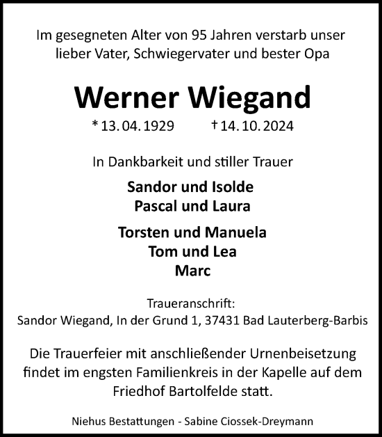 Traueranzeige von Werner Wiegand von Harz Kurier