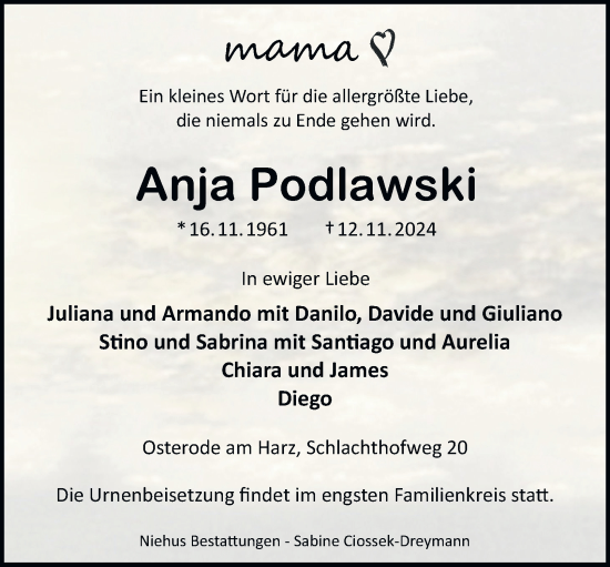 Traueranzeige von Anja Podlawski von Harz Kurier