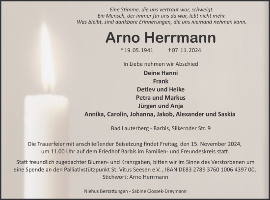 Traueranzeige von Arno Herrmann von Harz Kurier