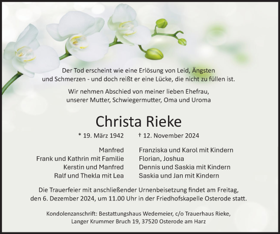 Traueranzeige von Christa Rieke von Harz Kurier