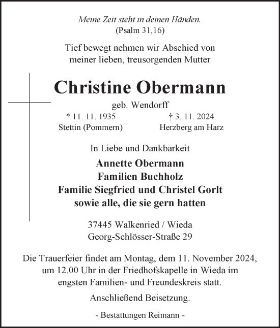 Traueranzeige von Christine Obermann von Harz Kurier