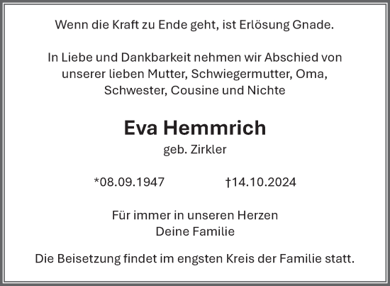 Traueranzeige von Eva Hemmrich von Harz Kurier