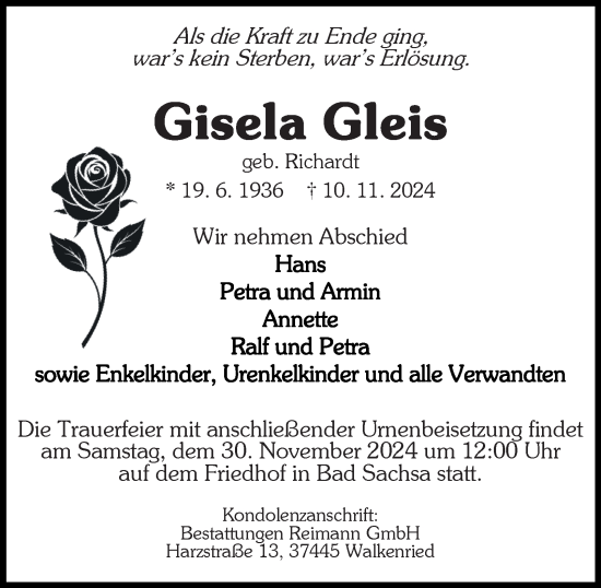 Traueranzeige von Gisela Gleis von Harz Kurier