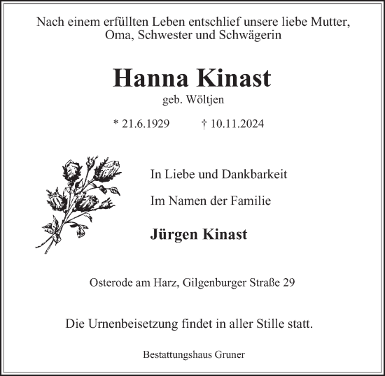 Traueranzeige von Hanna Kinast von Harz Kurier