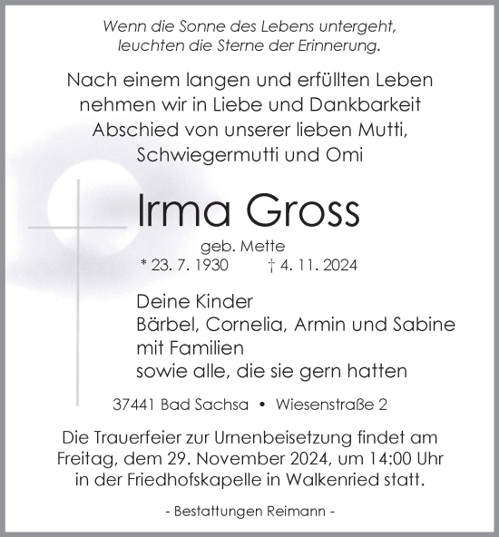 Traueranzeige von Irma Gross von Harz Kurier