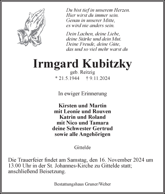 Traueranzeige von Irmgard Kubitzky von Harz Kurier