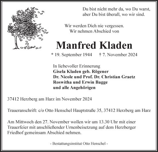 Traueranzeige von Manfred Kladen von Harz Kurier