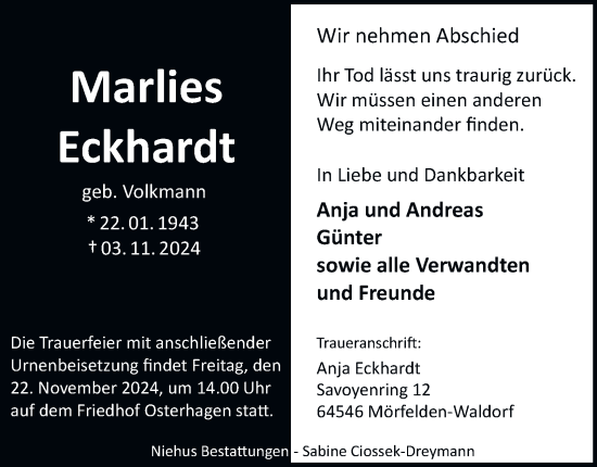 Traueranzeige von Marlies Eckhardt von Harz Kurier