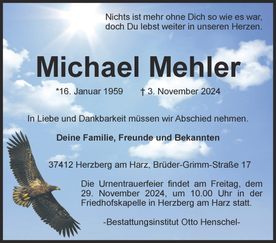 Traueranzeige von Michael Mehler von Harz Kurier