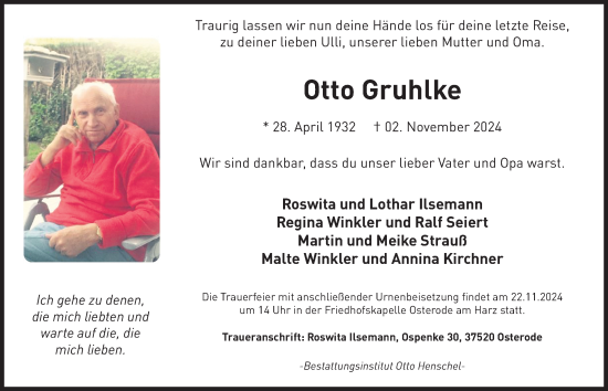 Traueranzeige von Otto Gruhlke von Harz Kurier