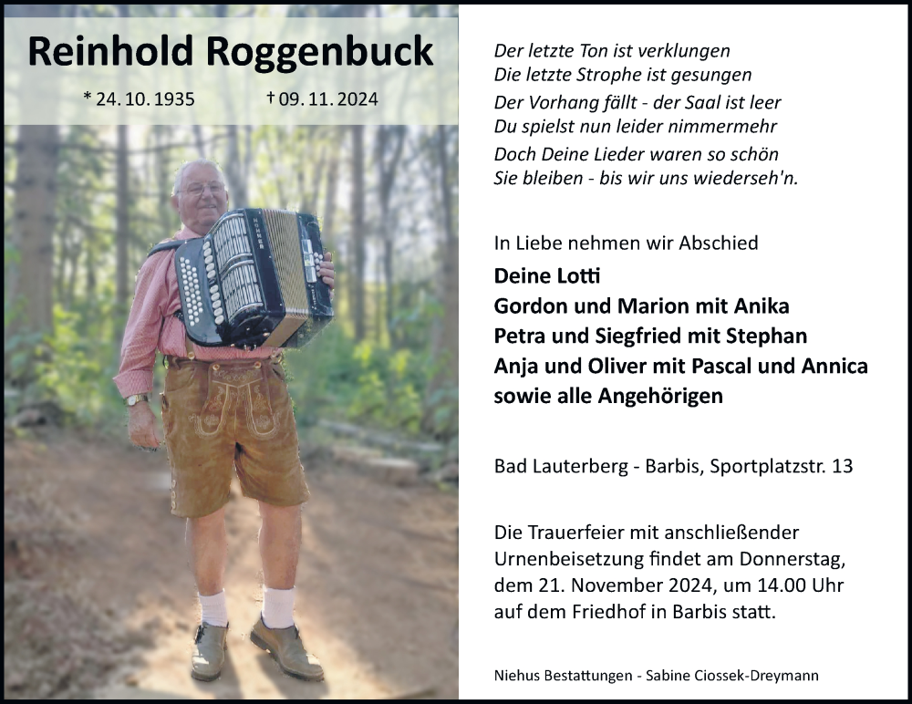  Traueranzeige für Reinhold Roggenbuck vom 16.11.2024 aus Harz Kurier