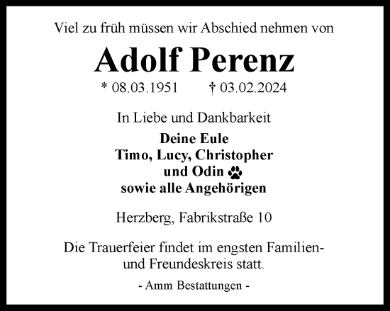 Traueranzeige von Adolf Perenz von Harz Kurier