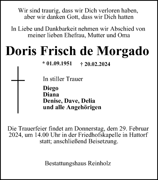 Traueranzeigen von Doris Frisch de Morgado | Harztrauer.de