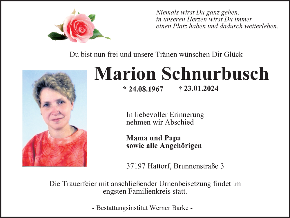  Traueranzeige für Marion Schnurbusch vom 03.02.2024 aus Harz Kurier