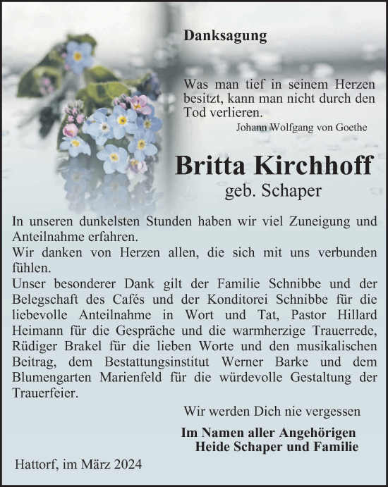 Traueranzeige von Britta Kirchhoff von Harz Kurier