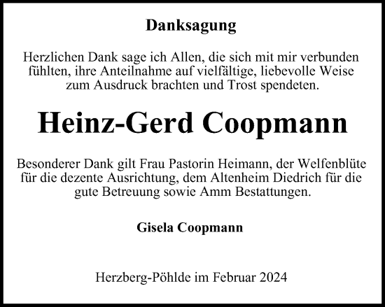 Traueranzeige von Heinz-Gerd Coopmann von Harz Kurier