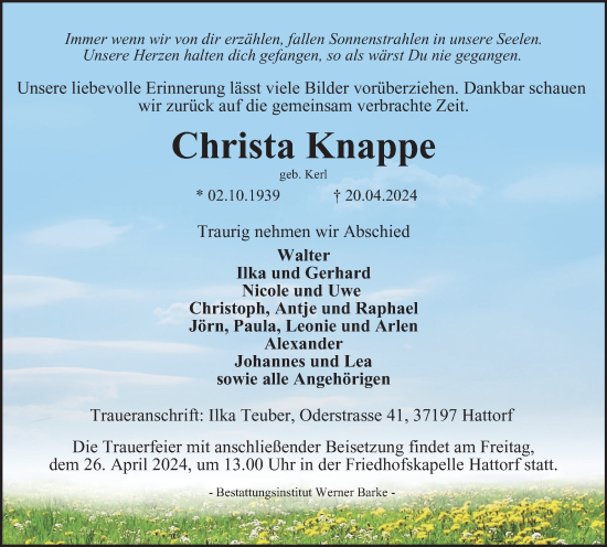 Traueranzeige von Christa Knappe von Harz Kurier