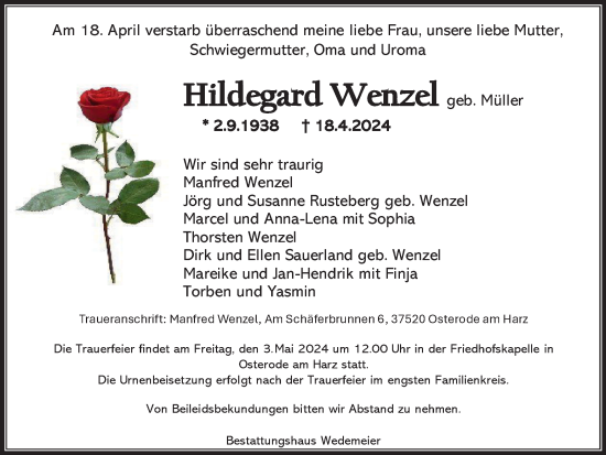 Traueranzeige von Hildegard Wenzel von Harz Kurier