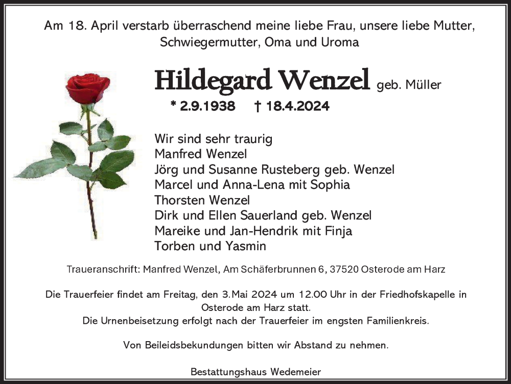  Traueranzeige für Hildegard Wenzel vom 27.04.2024 aus Harz Kurier