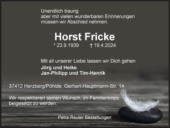 Traueranzeige von Horst Fricke von Harz Kurier